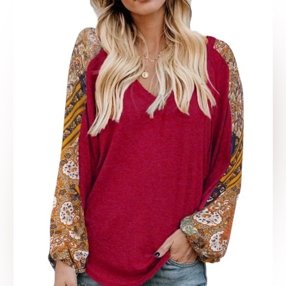 Boho Red Multi Color Balloon Sleeve Long Sleeve Blouse Size Large Colorful - Picture 3 of 11